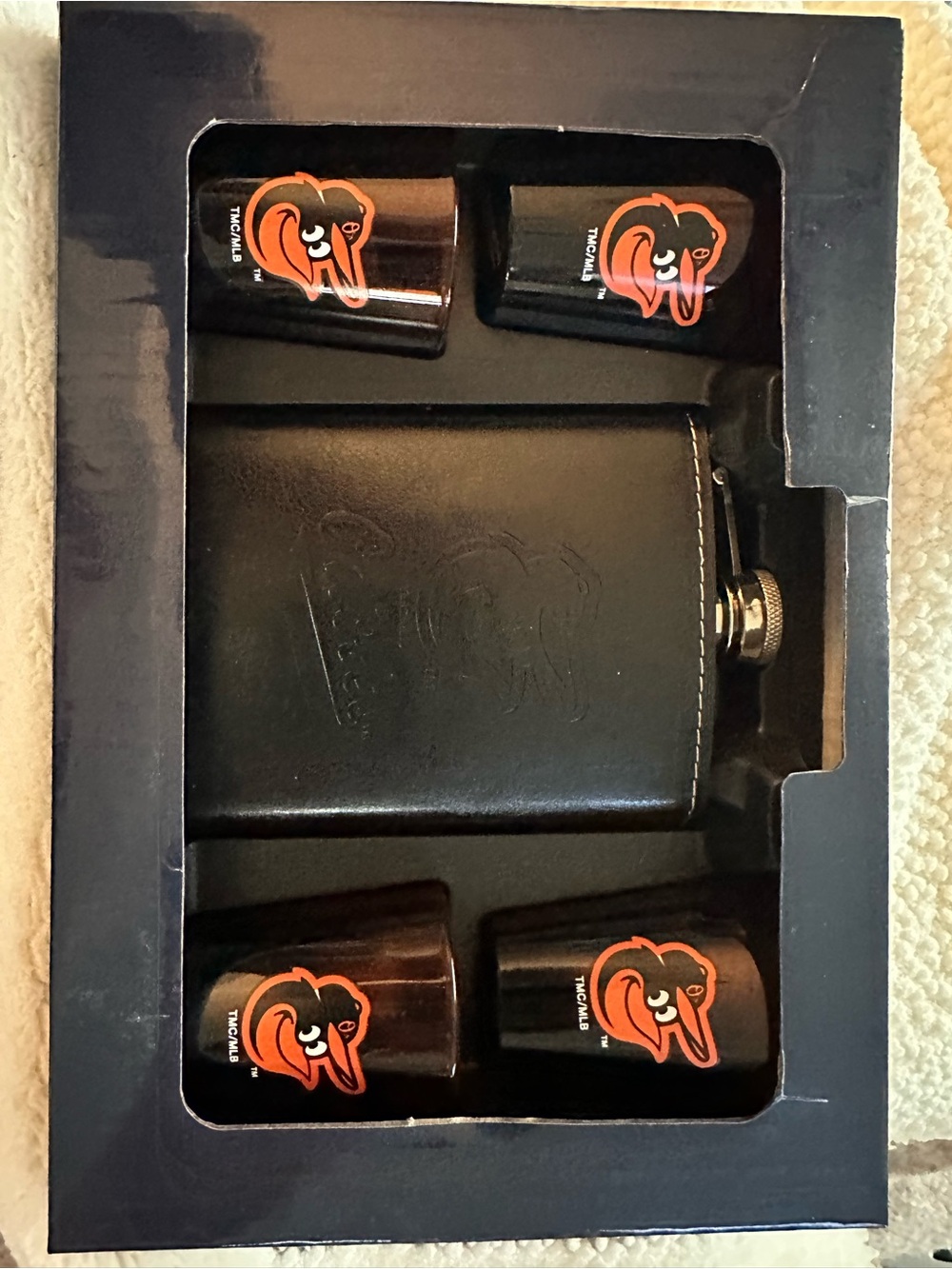 MLB Baltimore Orioles Black Leather Flask Set with Orange Logo Shot Cups
